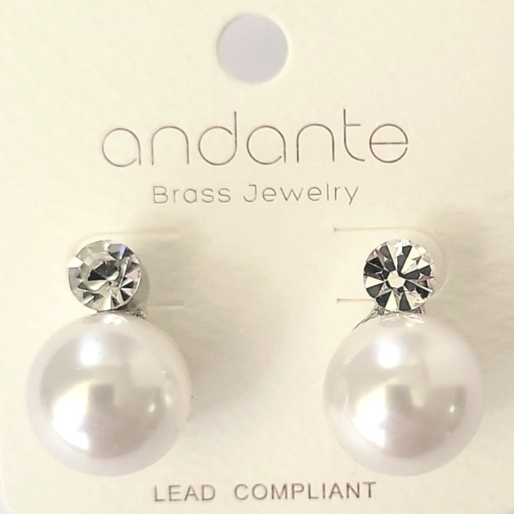 NEW! Andante Brand,Lab Created Faux Pearl & Crystal Stud Earrings in Silvertone